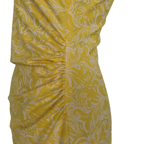 Yellow and white Cache size 2 fitted midi dress with ruche in the waist - Picture 3 of 12